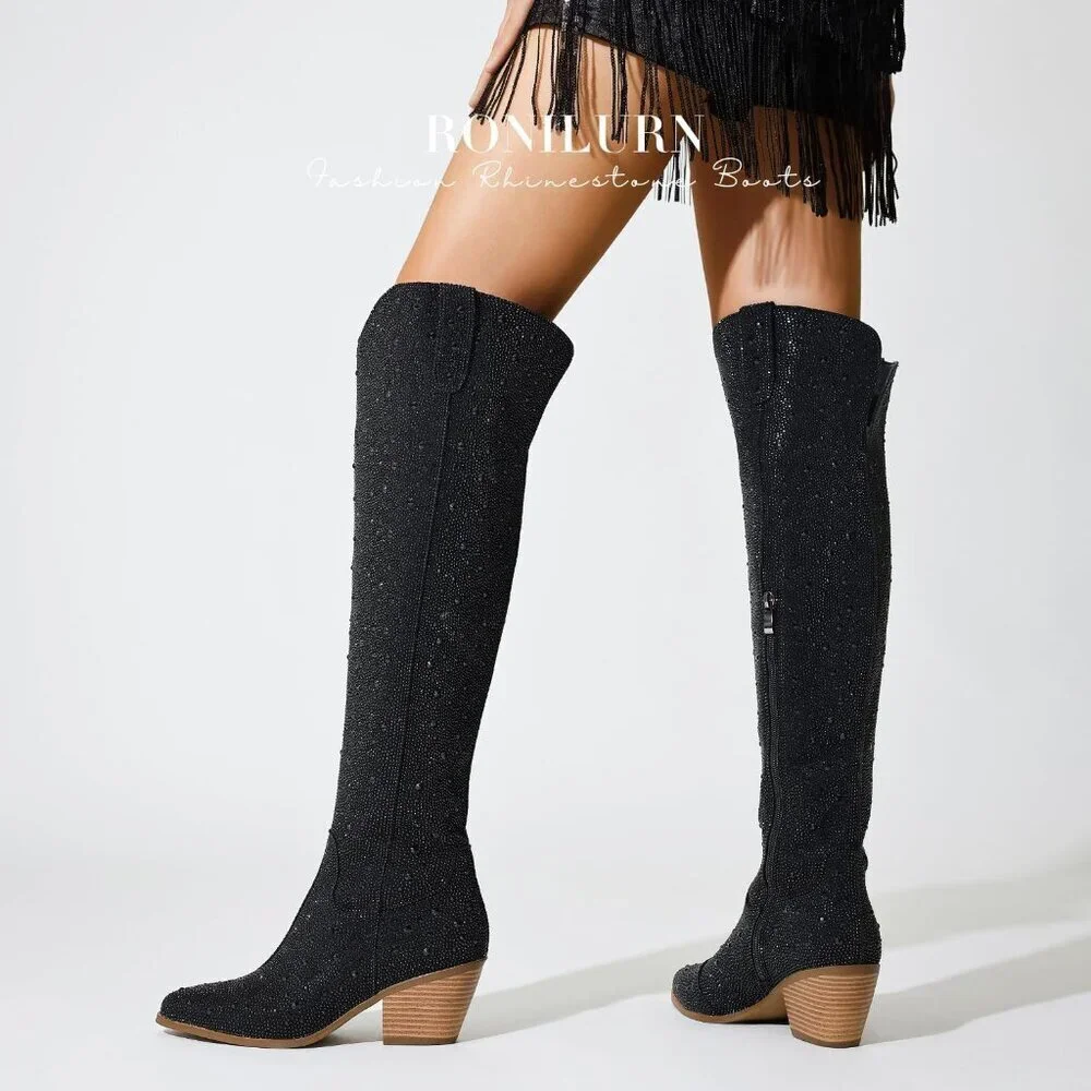 Women Black Faux Leather Sparkly Bling Rhinestone Over the Knee Cowboy Boots